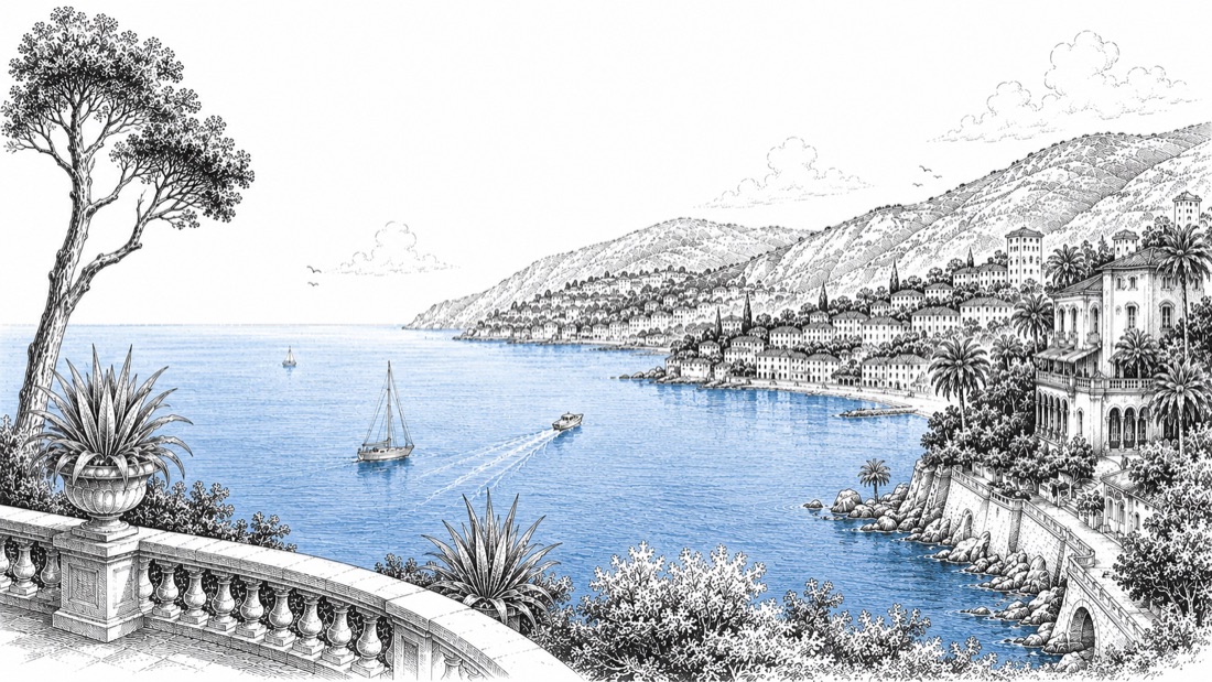 Dessin de la baie de la Côte d’Azur vue depuis une balustrade